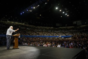 U.S. Senator Bernie Sanders, an independent from Vermont and 2016 Democratic presidential candidate, speaks during a campaign event at the Los Angeles Memorial Sports Arena in Los Angeles, California, U.S., on Monday, Aug. 10, 2015. Some 27,000 people descended Monday night on the Los Angeles Memorial Sports Arena, which has hosted acts such as Madonna and Pink Floyd, to hear from a raspy-voiced 73-year-old who has become the 2016 political season's breakout star. Photographer: Patrick T. Fallon/Bloomberg via Getty Images